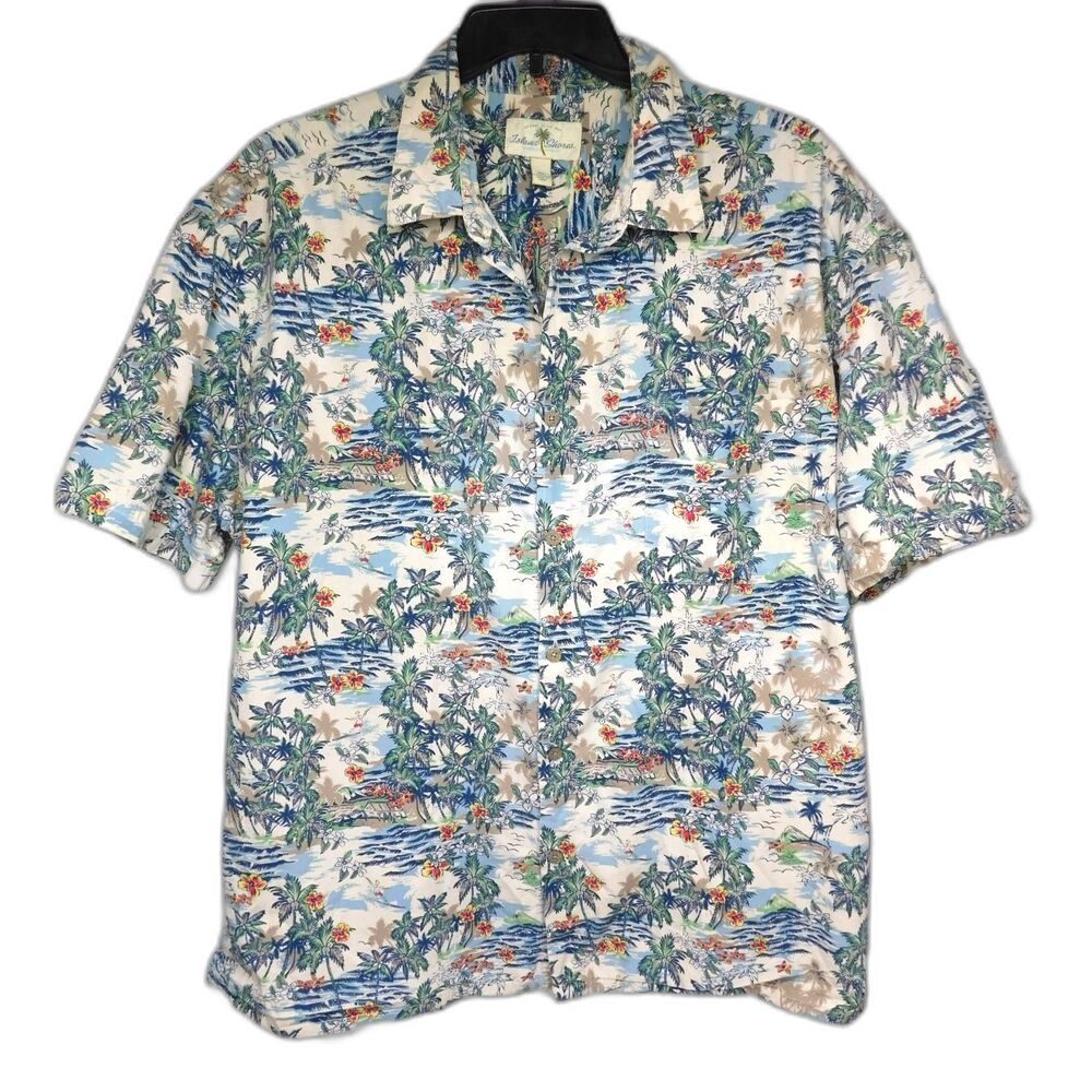 Men's Island Shores Hawaiian Print Shirt Palm Trees Ocean Surfers XXL All Cotton